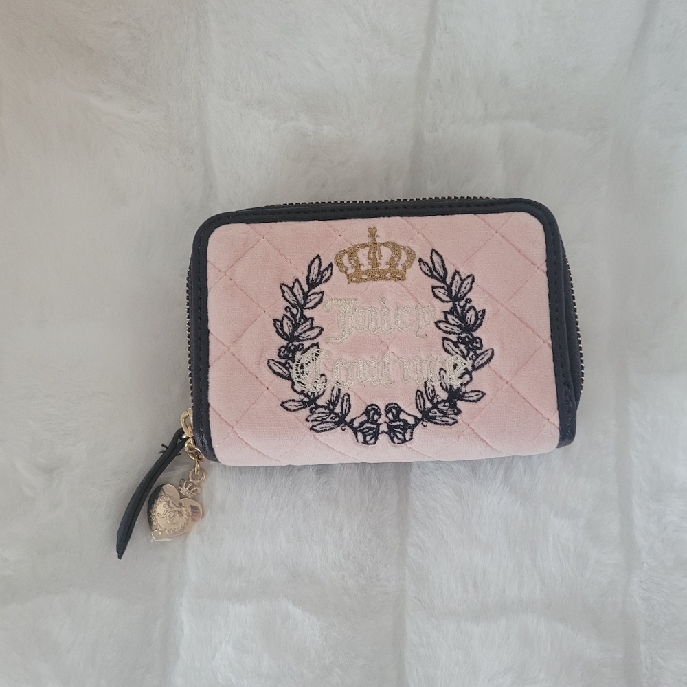 Quilted Pink Double Zip Wallet with Brown Trim